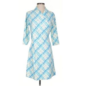 J. McLaughlin Sage Sheath Dress Ruched Blue Lattice Rare Colorway $228 Sz XL